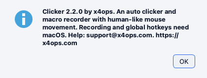 The About box that reads Clicker 2.2.0 by x4ops with a one line description and the support address and an OK button