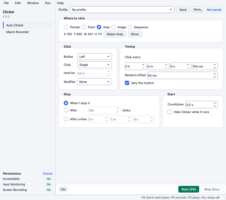 The Auto Clicker page in Area mode with the saved rectangle and the Select Area and Show buttons