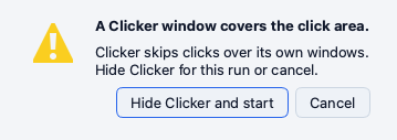 The offer dialog that reads A Clicker window covers the click area with the buttons Hide Clicker and start and Cancel