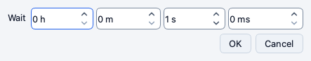 The Insert Wait dialog with the fields for hours and minutes and seconds and milliseconds