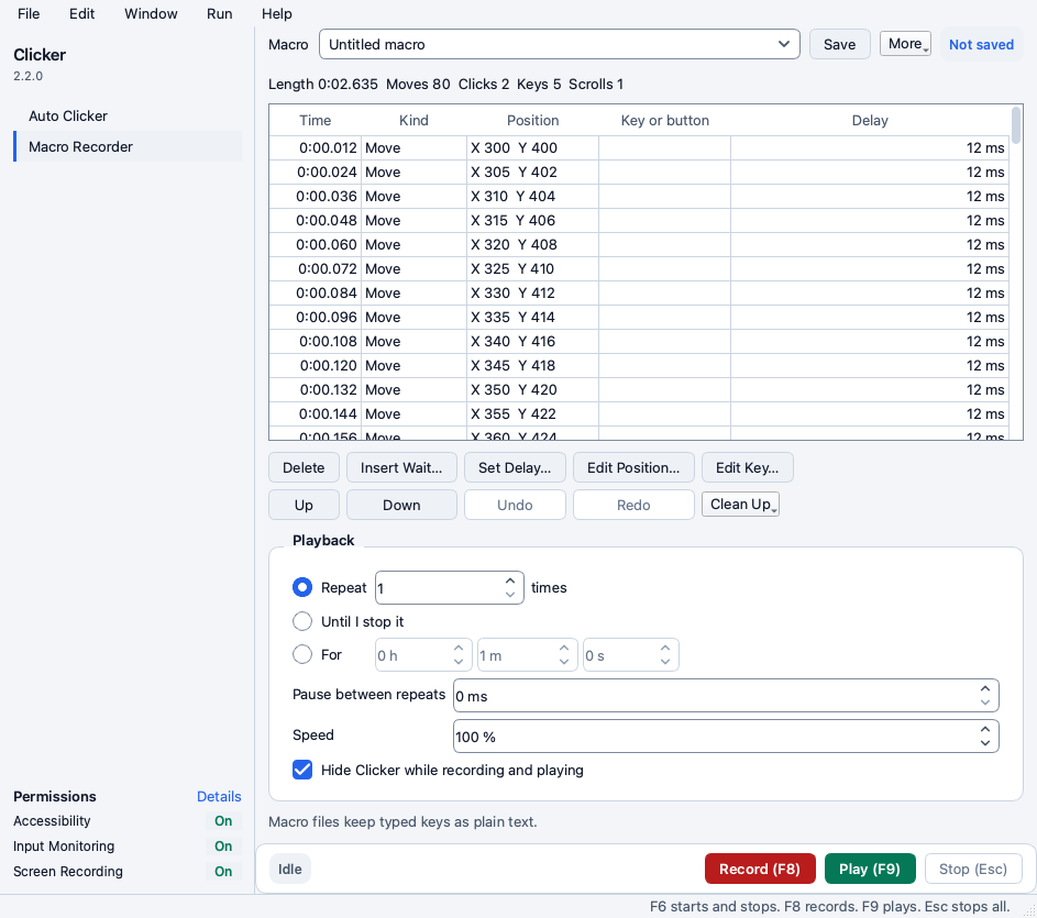 The Macro Recorder page with the macro picker and the stats line and the event table and the edit buttons and the Playback group and the Record and Play and Stop buttons