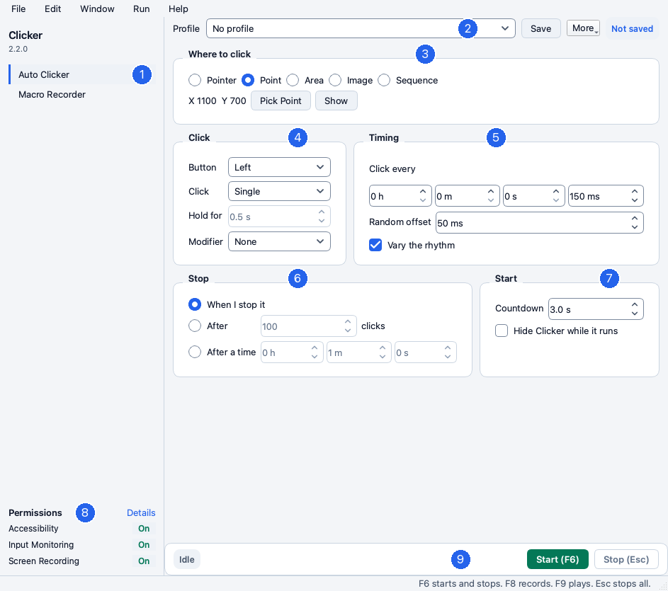 The Clicker main window in the light theme with nine numbered markers on the sidebar and the profile picker and the Where to click group and the Click group and the Timing group and the Stop group and the Start group and the permission panel and the run bar