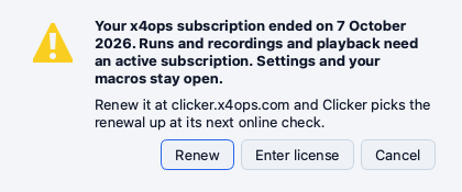 The dialog of an ended subscription that reads Your x4ops subscription ended on 7 October 2026 with the buttons Renew and Enter license and Cancel