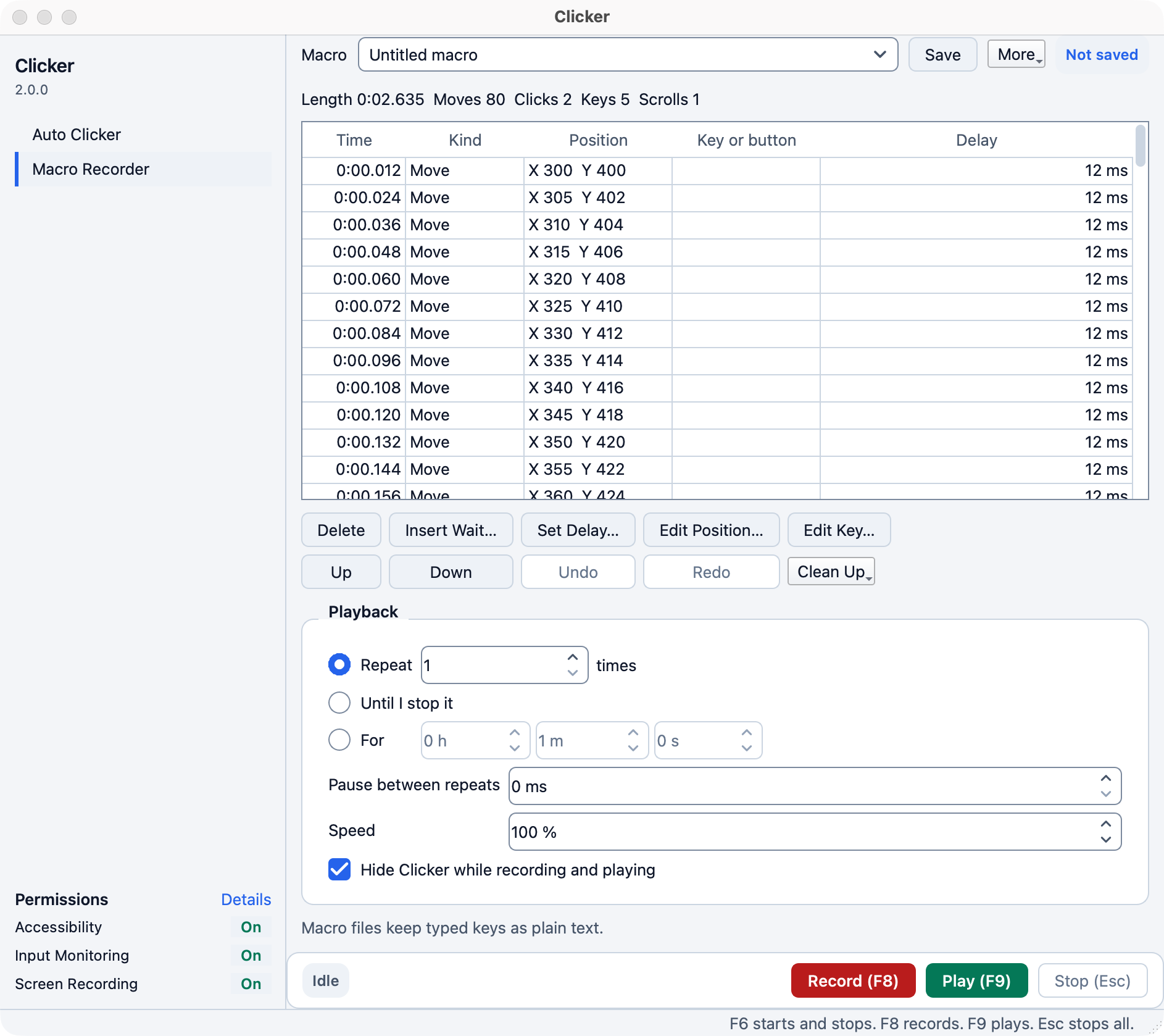 The Macro Recorder page with the event table and the Clean Up and Playback groups and the Record and Play buttons