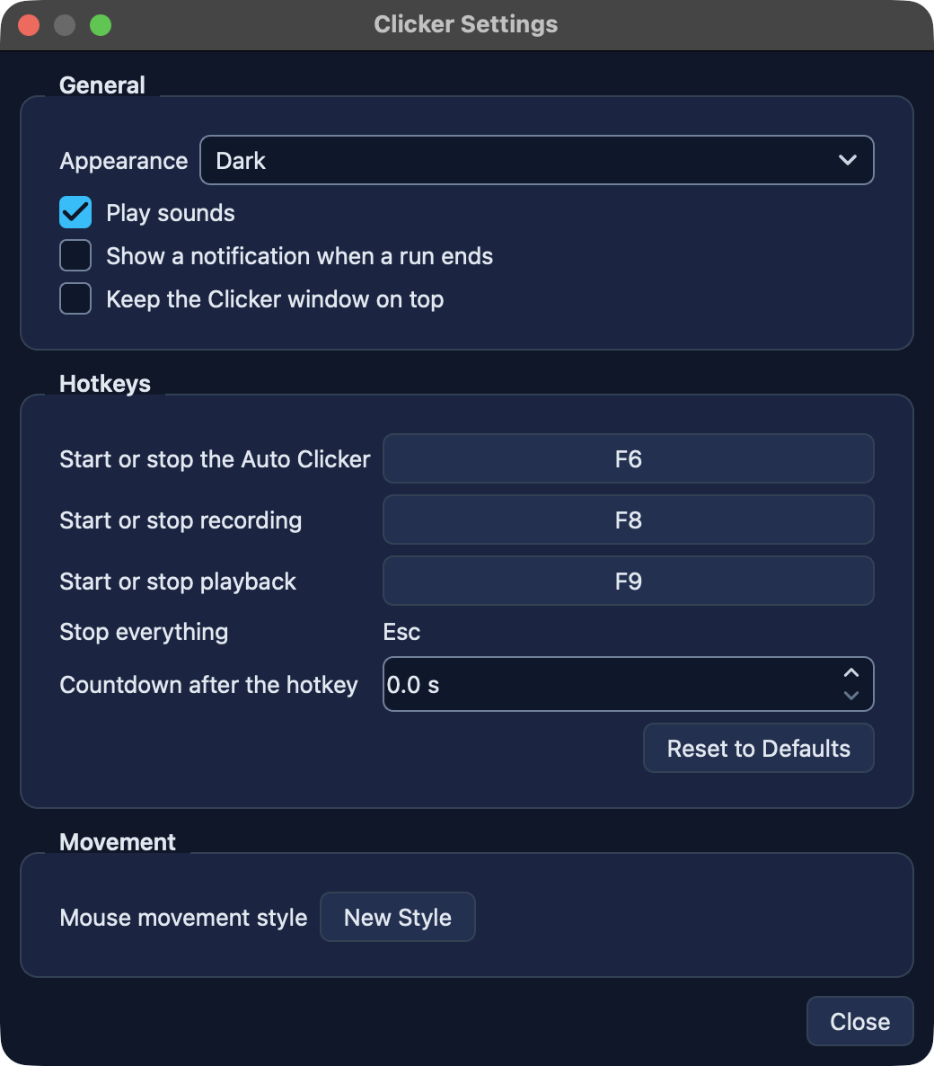 The Settings window in the dark theme