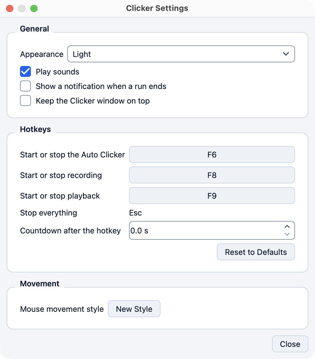 The Settings window in the light theme