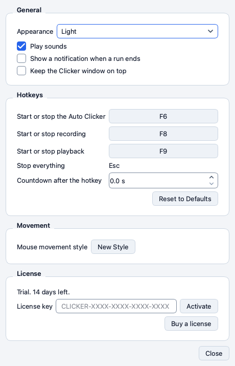 The Settings window with the groups General and Hotkeys and Movement and License